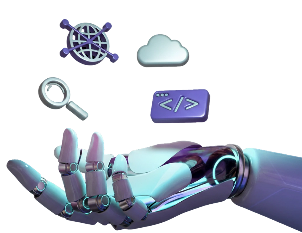 Robotic hand holding digital icons for cloud computing, cybersecurity, and IT solutions – representing TMICC’s vision and mission